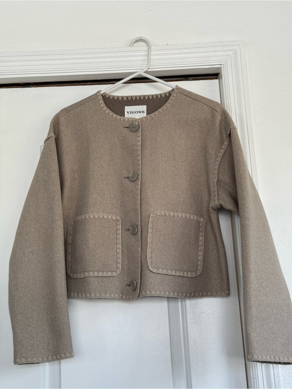 Vigoss Taupe Cropped Button Jacket with Whipstitch Trim